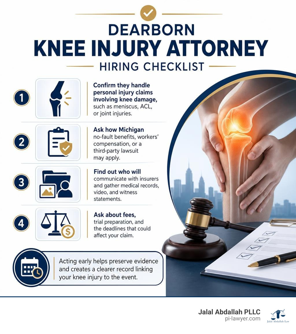 Dearborn knee injury attorney hiring checklist infographic Dearborn knee injury attorney hiring checklist infographic