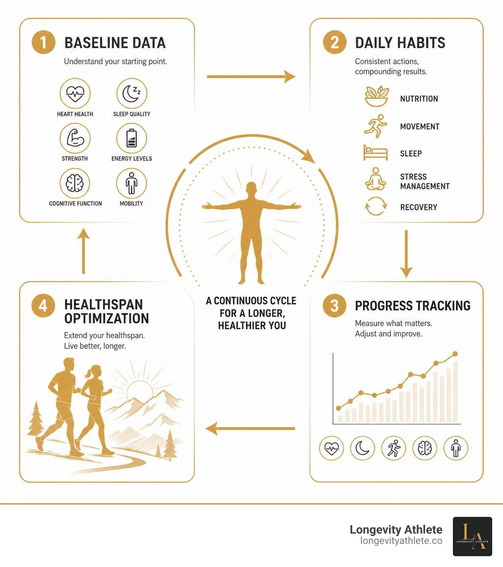Infographic showing baseline data, daily habits, progress tracking, and healthspan optimization infographic Infographic showing baseline data, daily habits, progress tracking, and healthspan optimization infographic