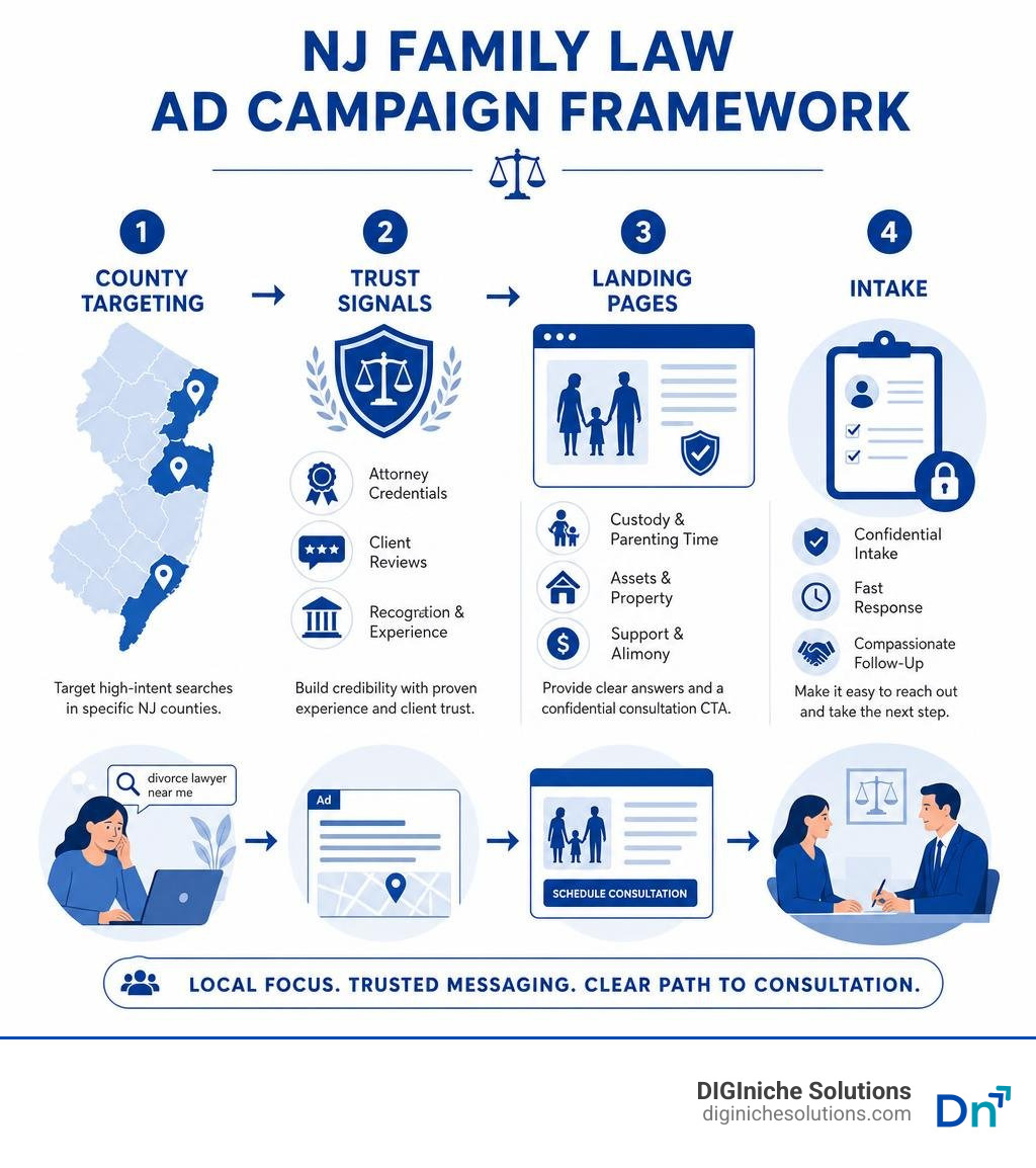 NJ family law ad campaign framework: county targeting, trust signals, landing pages, intake infographic