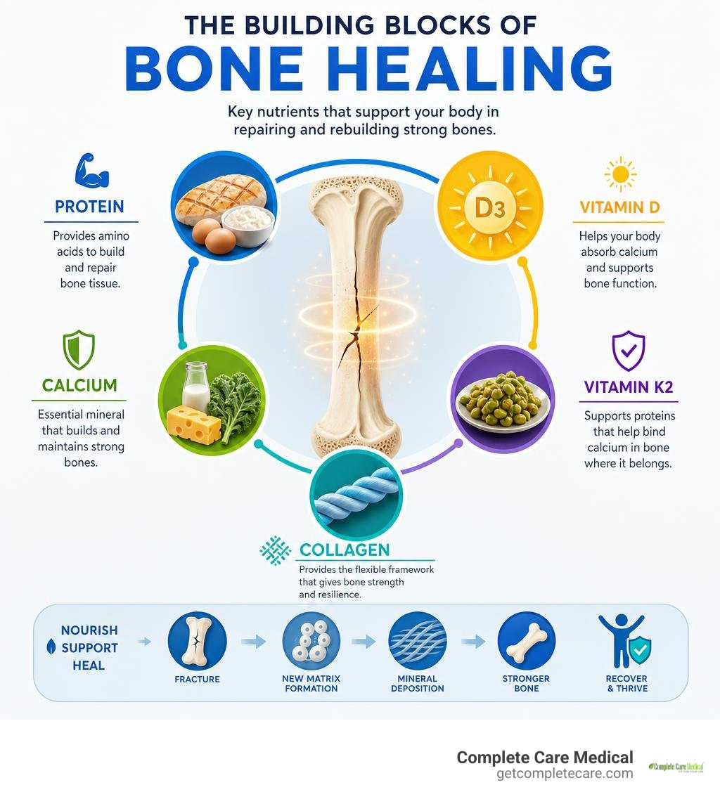 Infographic showing protein collagen vitamin D calcium and K2 supporting bone fracture healing infographic
