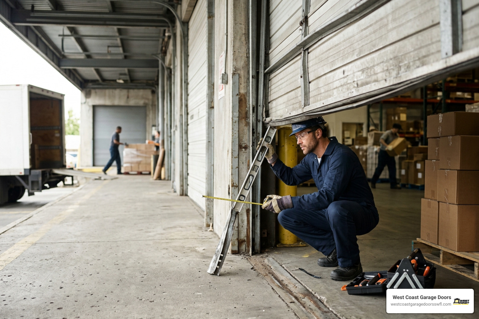 Technician inspecting misaligned commercial garage door tracks