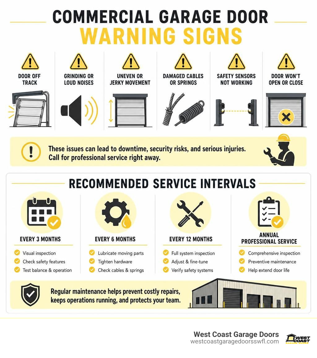 Commercial garage door warning signs and recommended service intervals infographic