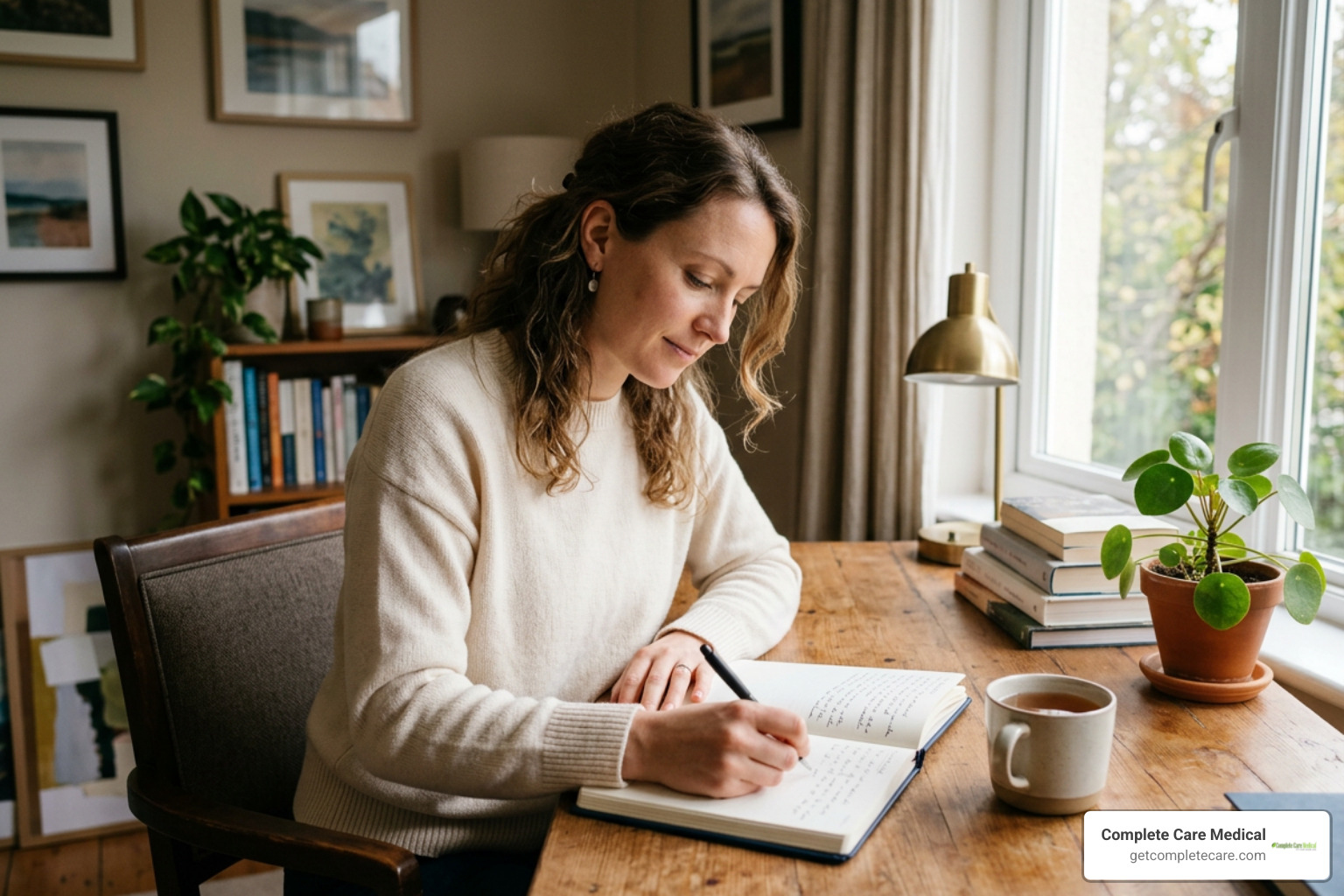 Person journaling at desk to process stress