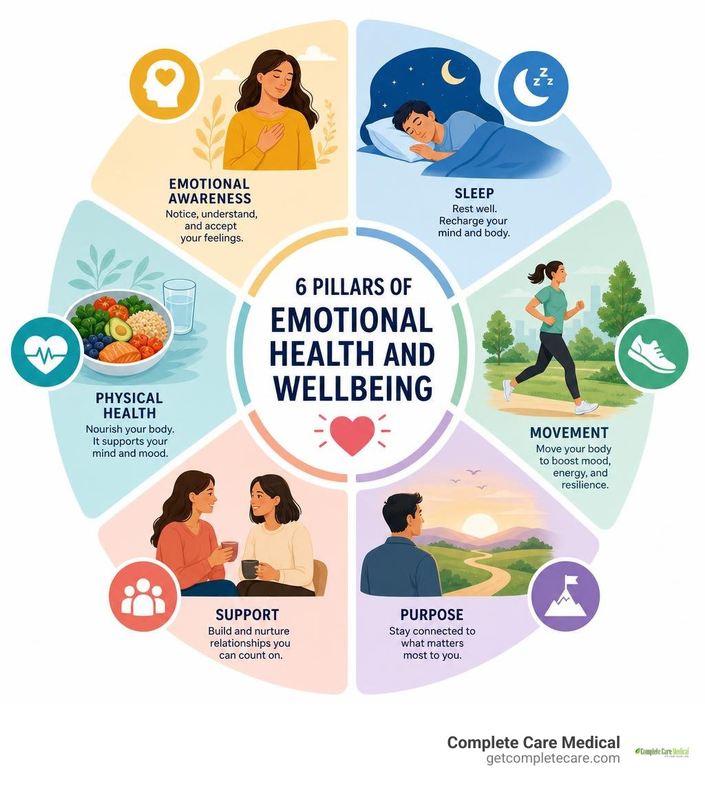 Infographic showing emotional awareness, sleep, movement, purpose, support, and physical health infographic