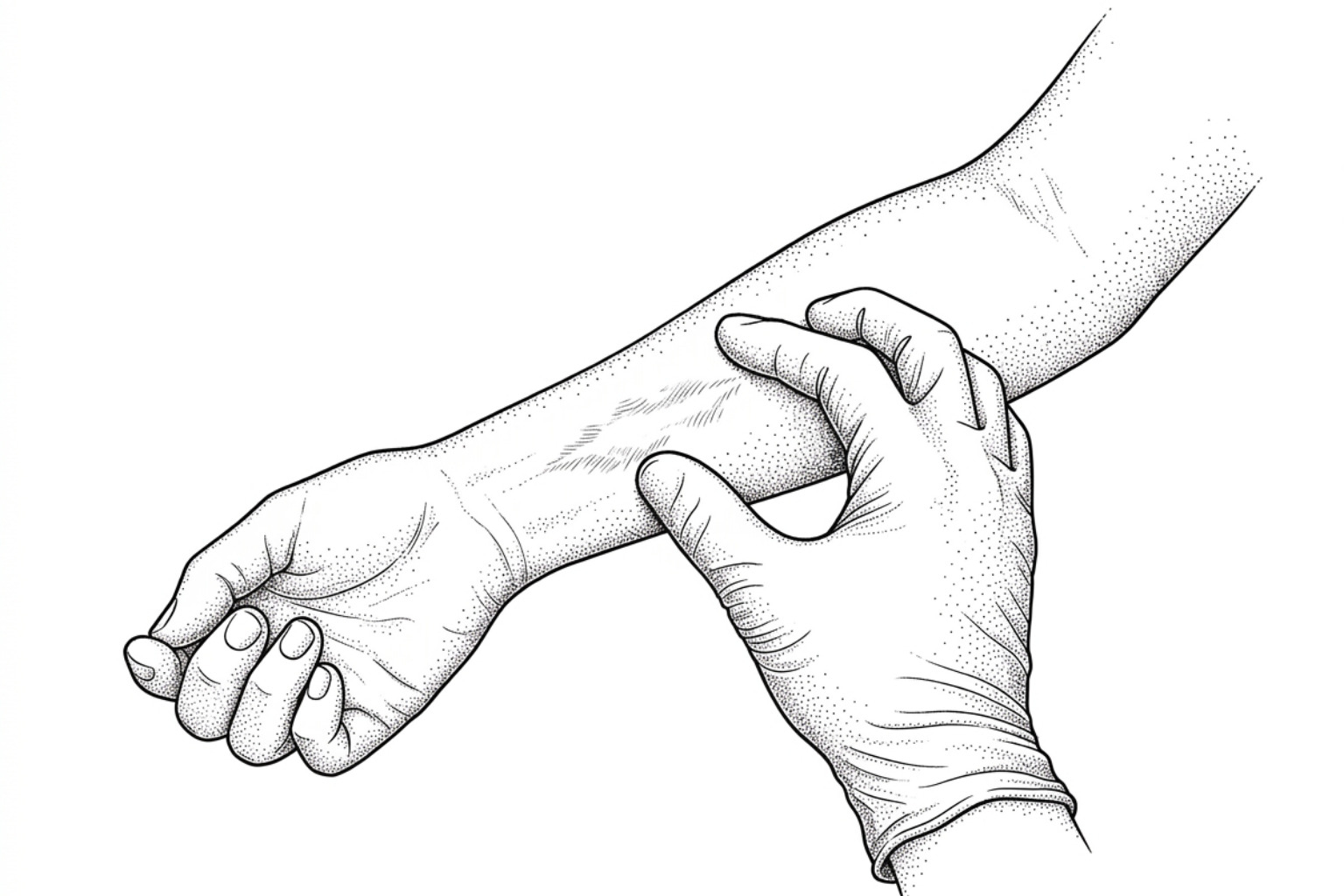 pen and ink illustration of a clinician evaluating burn scar vascularity on an arm pen and ink illustration of a clinician evaluating burn scar vascularity on an arm