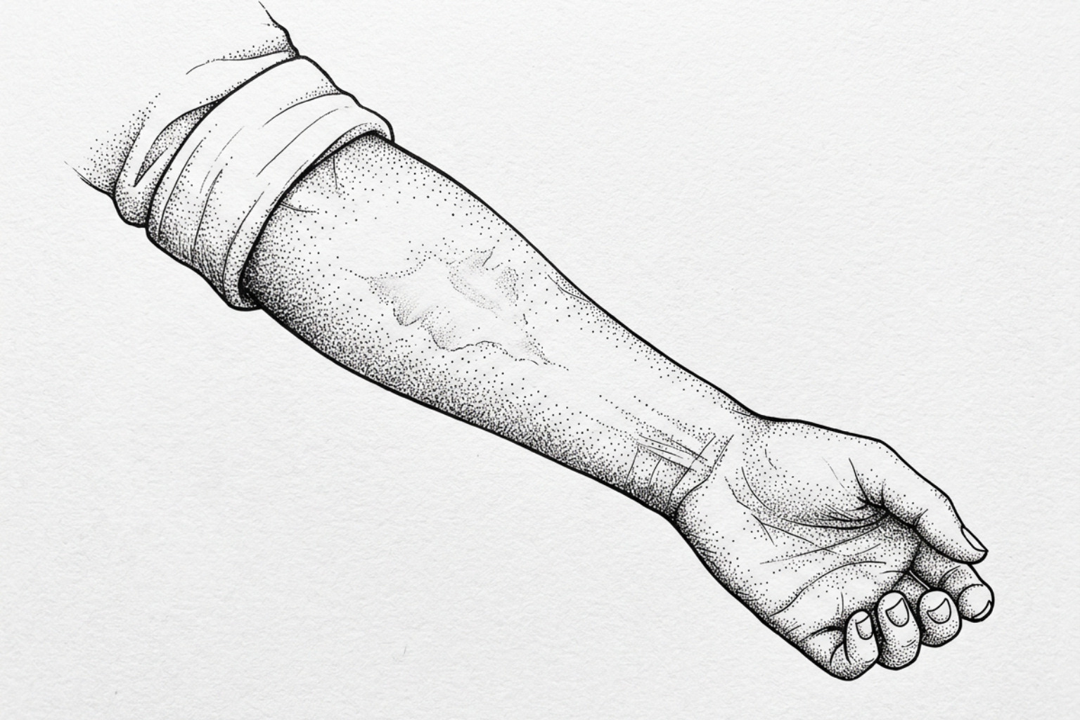 Healing burn scar on the forearm being checked for redness and pliability