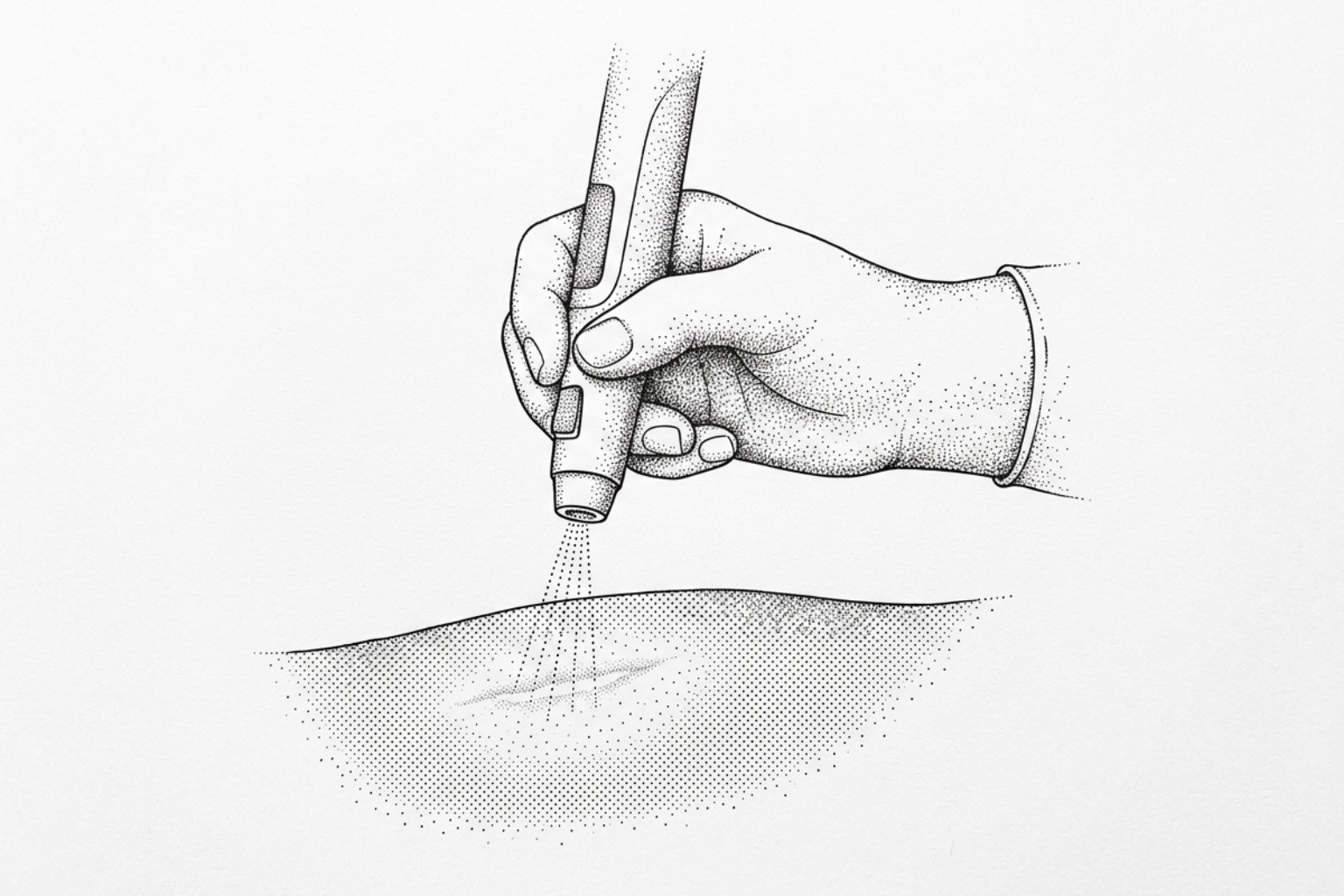 stippled clinical diagram of a handpiece applying fractional laser energy to skin stippled clinical diagram of a handpiece applying fractional laser energy to skin