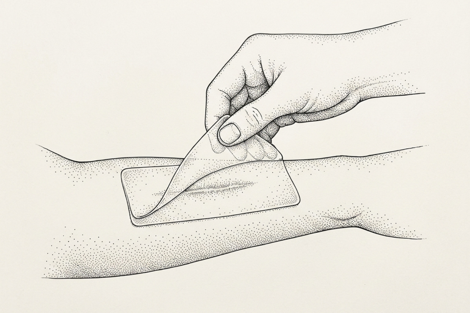 stippled illustration of a hand applying medical-grade silicone sheet to skin stippled illustration of a hand applying medical-grade silicone sheet to skin