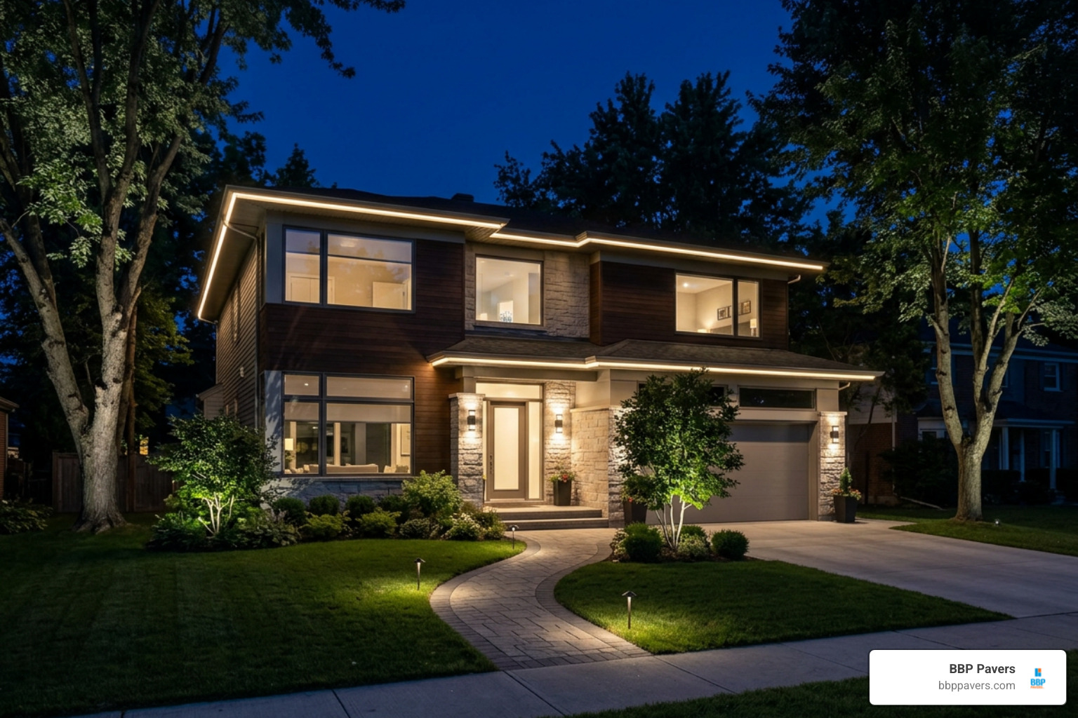 Smart app controlled architectural roofline and landscape spotlights Smart app controlled architectural roofline and landscape spotlights