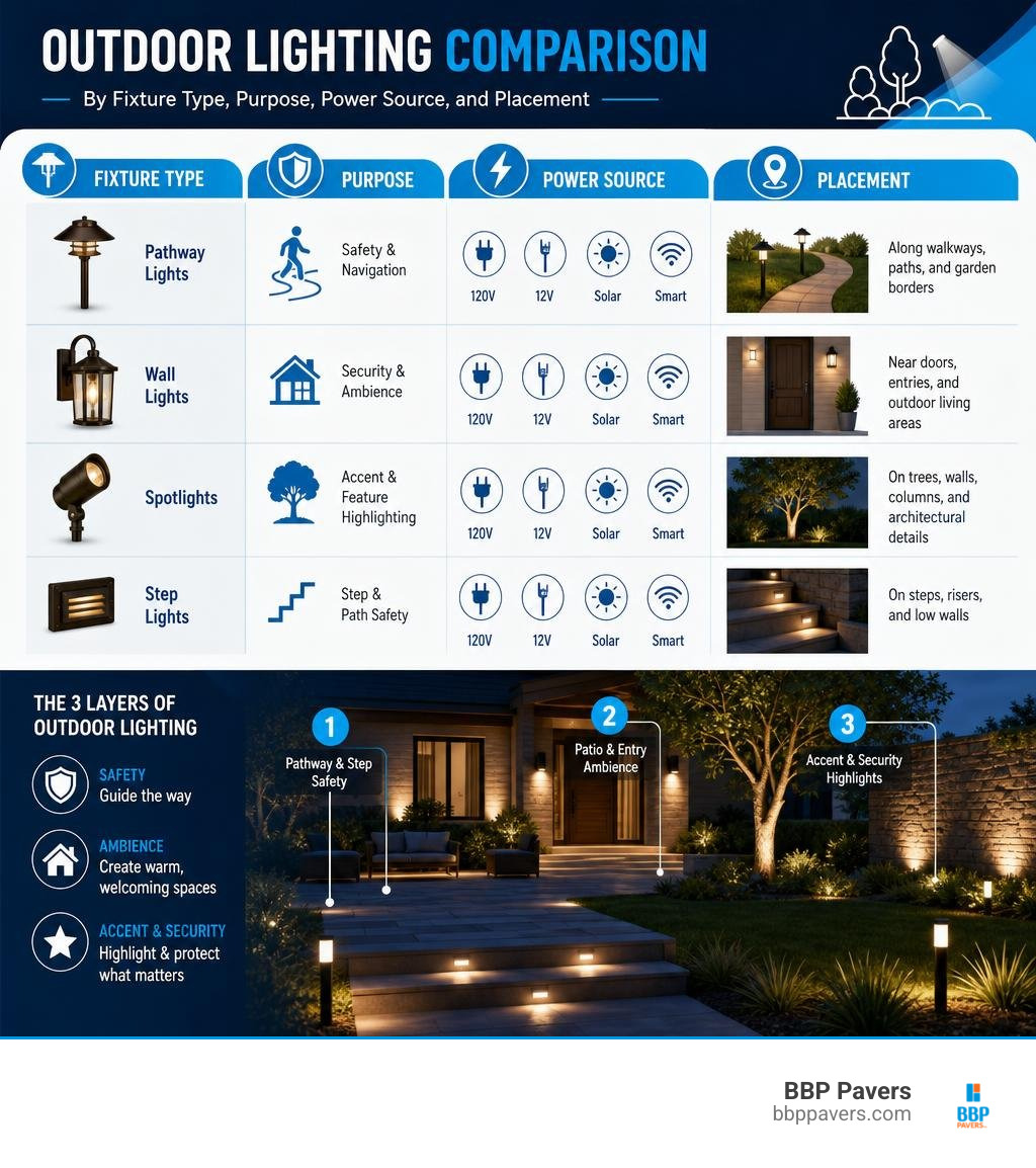 Outdoor lighting comparison by fixture type, purpose, power source, and placement infographic Outdoor lighting comparison by fixture type, purpose, power source, and placement infographic