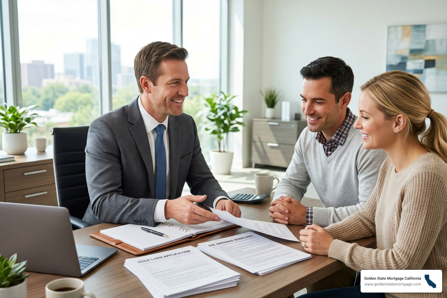 Mortgage professional reviewing USDA loan paperwork with borrowers Mortgage professional reviewing USDA loan paperwork with borrowers