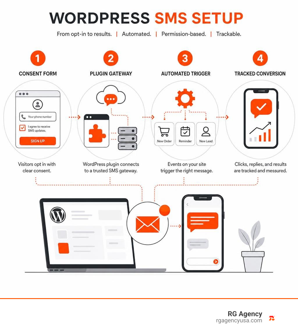 WordPress SMS setup: consent form, plugin gateway, automated trigger, tracked conversion infographic WordPress SMS setup: consent form, plugin gateway, automated trigger, tracked conversion infographic