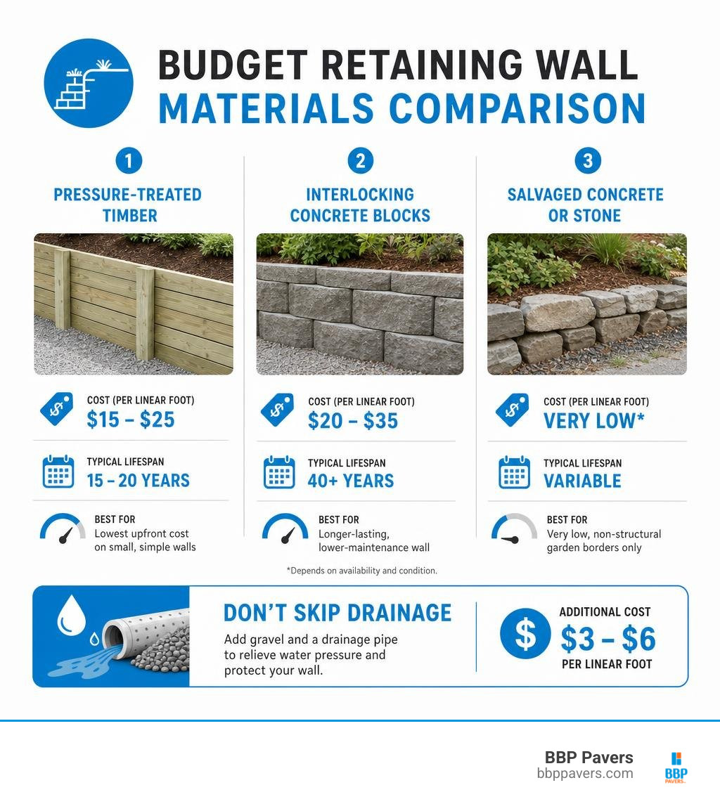 Budget retaining wall materials costs and lifespan comparison infographic Budget retaining wall materials costs and lifespan comparison infographic