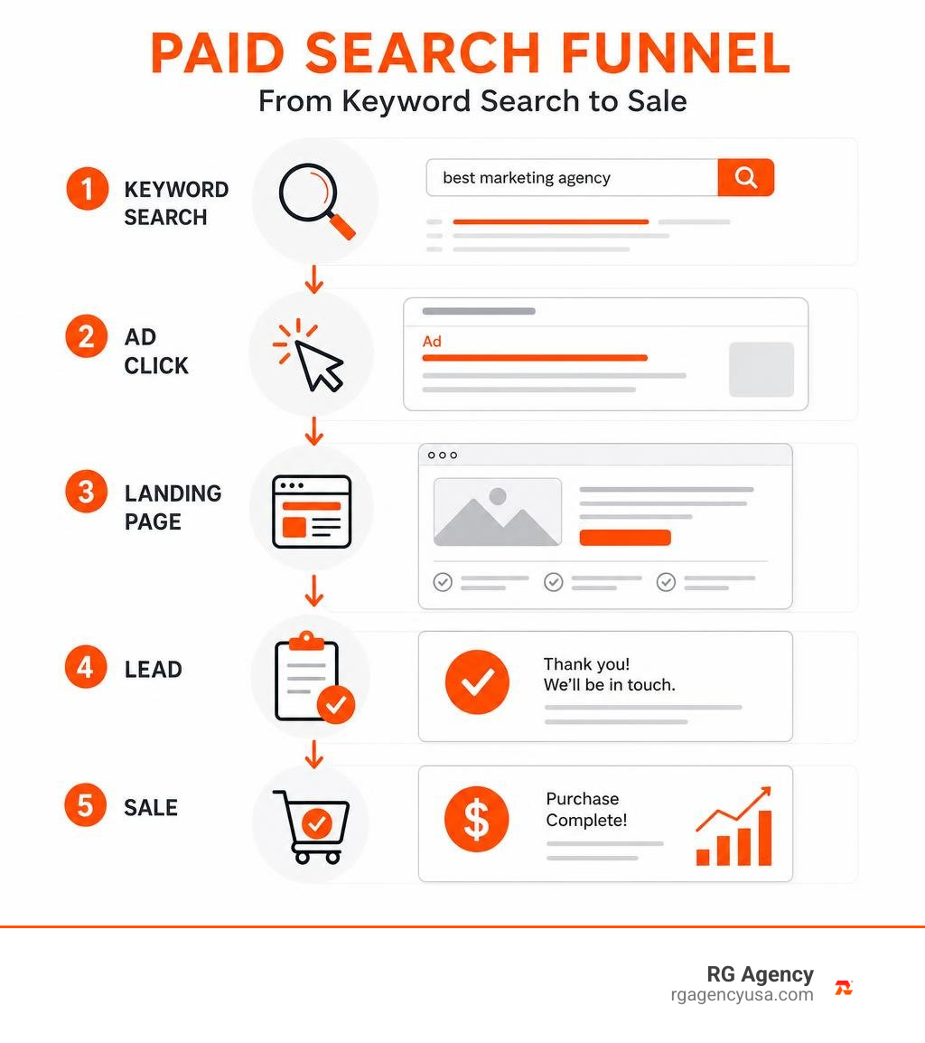 Paid search funnel from keyword search to click, landing page, lead, and sale infographic Paid search funnel from keyword search to click, landing page, lead, and sale infographic