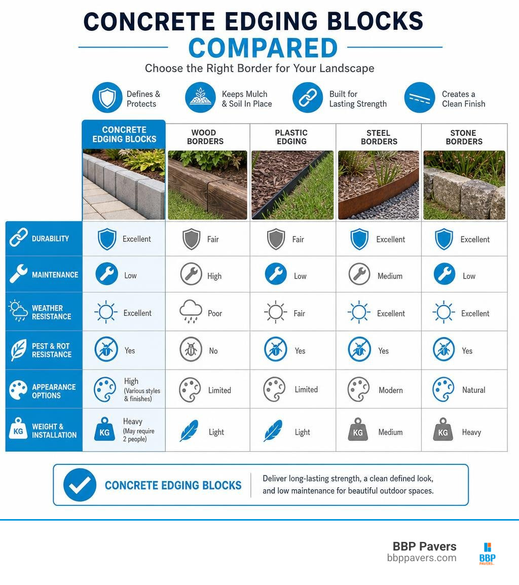 Concrete edging blocks compared with wood plastic steel and stone borders infographic Concrete edging blocks compared with wood plastic steel and stone borders infographic