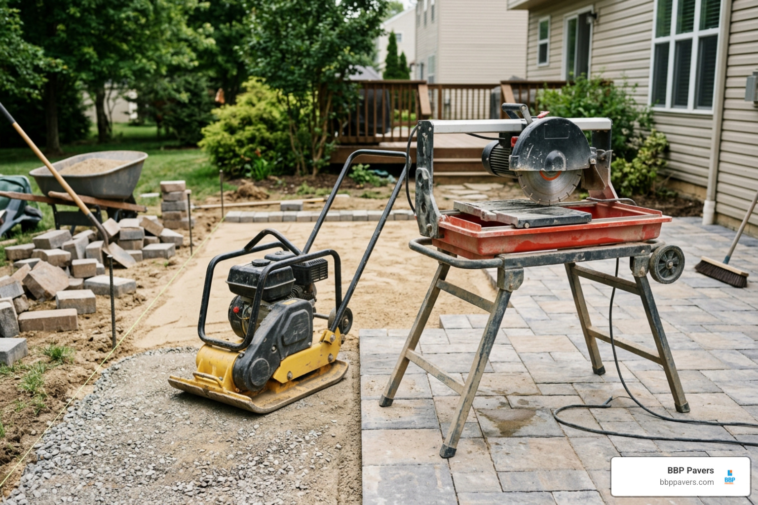 Vibratory plate compactor and masonry wet saw on an outdoor project site Vibratory plate compactor and masonry wet saw on an outdoor project site
