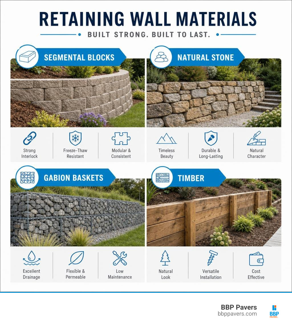 Retaining wall materials: segmental blocks, natural stone, gabion baskets, and timber infographic Retaining wall materials: segmental blocks, natural stone, gabion baskets, and timber infographic