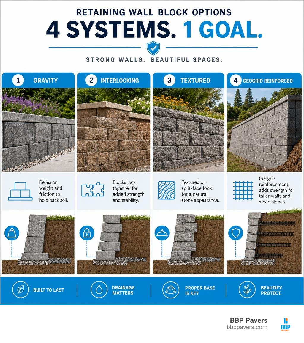 Infographic comparing gravity, interlocking, textured, and geogrid retaining wall blocks infographic Infographic comparing gravity, interlocking, textured, and geogrid retaining wall blocks infographic