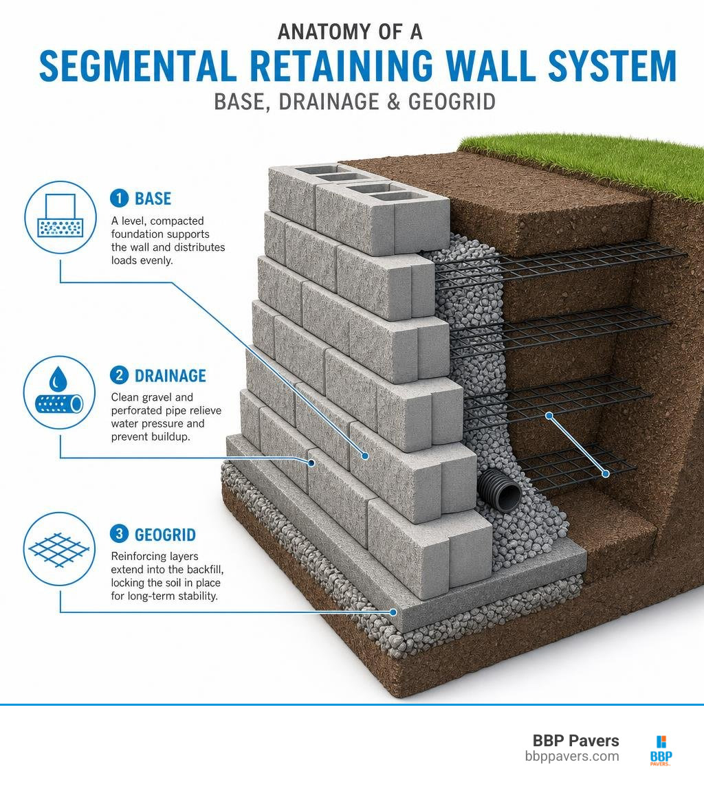 anatomy of a segmental retaining wall system showing base, drainage, and geogrid infographic anatomy of a segmental retaining wall system showing base, drainage, and geogrid infographic