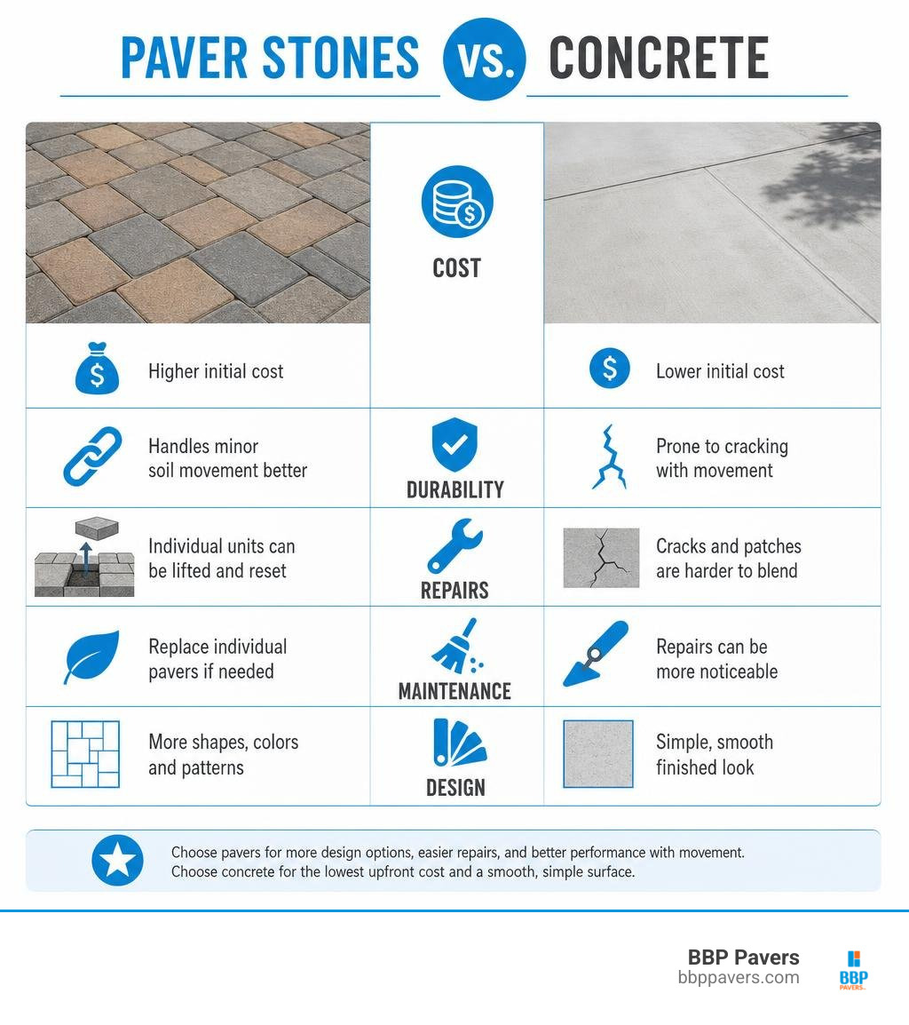 Paver stones vs concrete comparison: cost, durability, repairs, maintenance, and design infographic Paver stones vs concrete comparison: cost, durability, repairs, maintenance, and design infographic