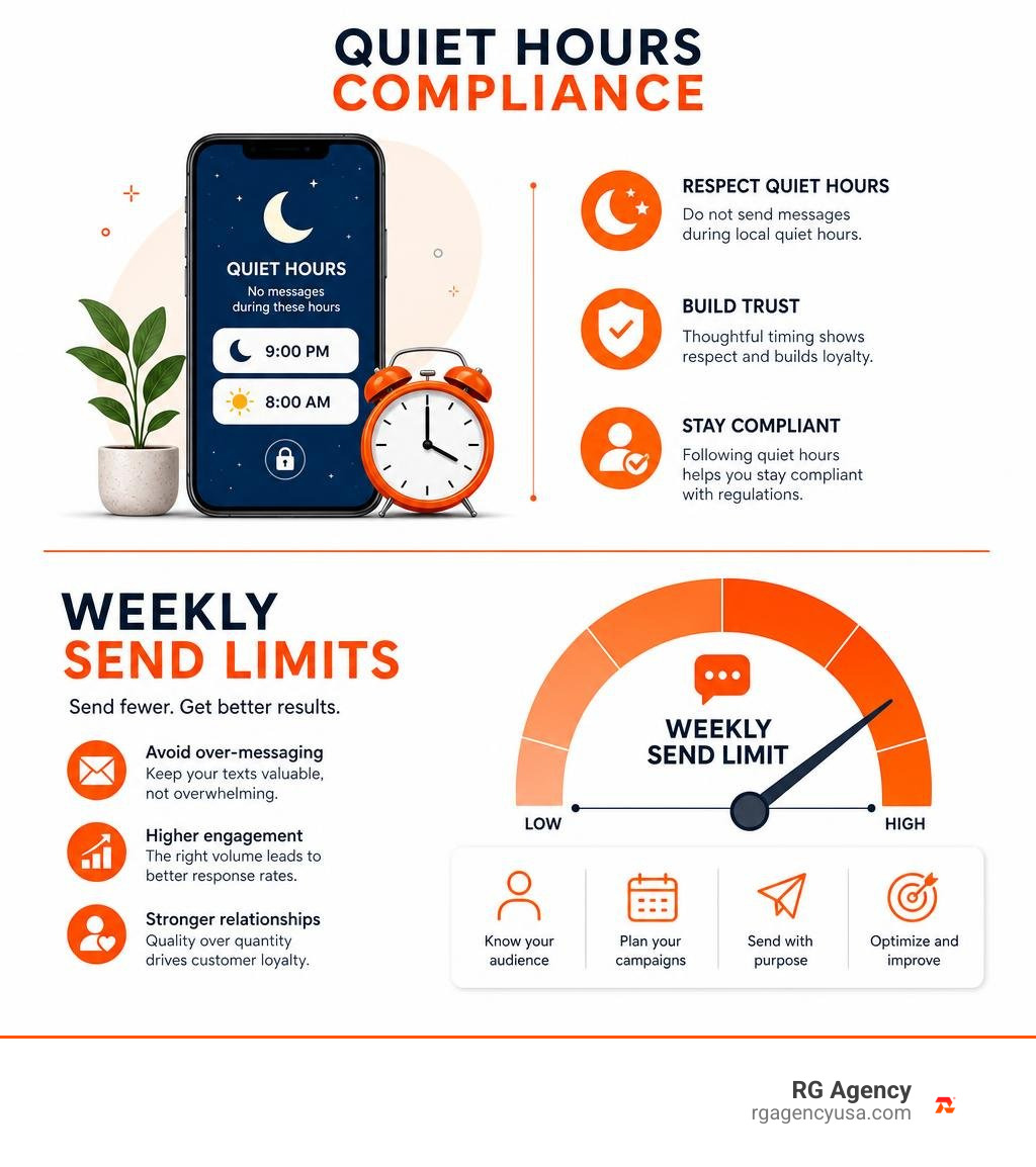 Infographic showing quiet hours compliance and weekly send limits infographic Infographic showing quiet hours compliance and weekly send limits infographic