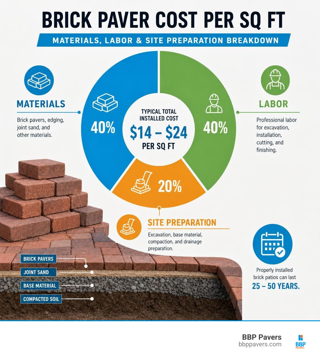 Brick paver cost per square foot materials labor and site preparation breakdown infographic Brick paver cost per square foot materials labor and site preparation breakdown infographic