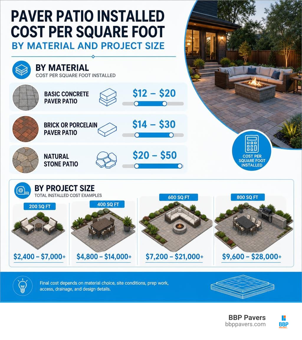 Paver patio installed cost per square foot by material and project size infographic Paver patio installed cost per square foot by material and project size infographic