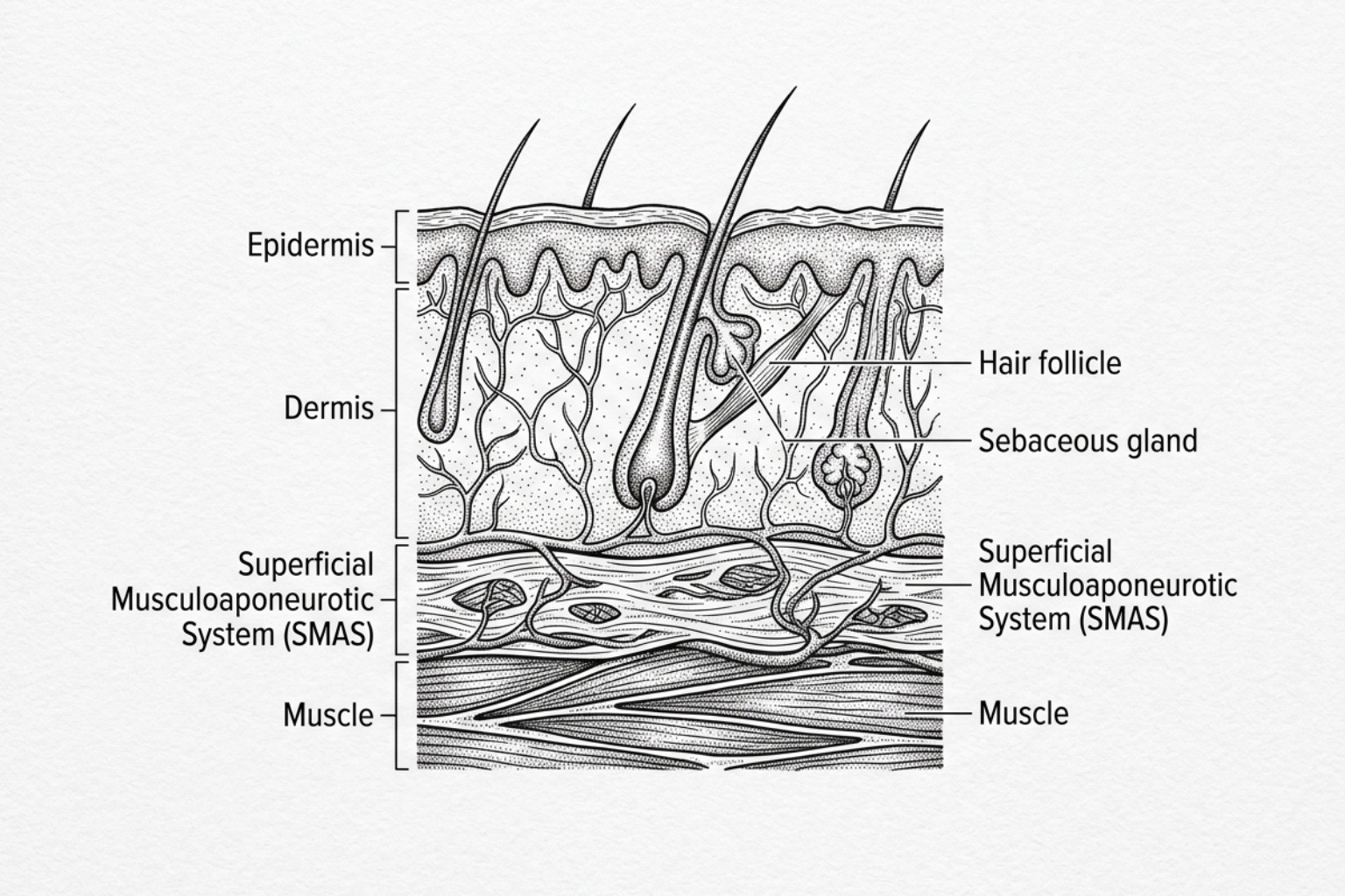 cross section of facial skin layers and vascular network