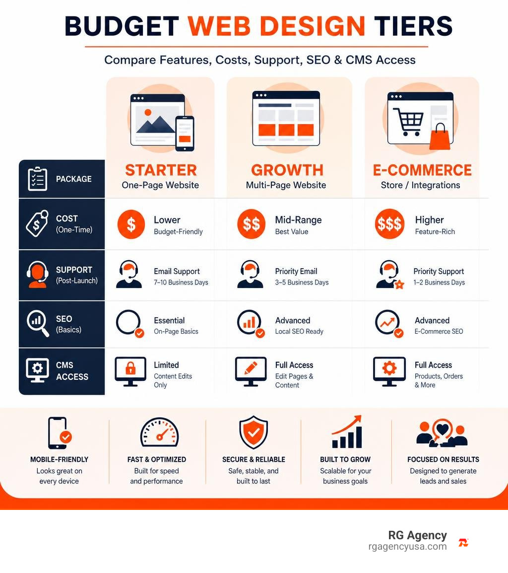 Budget web design tiers comparing features, costs, support, SEO, and CMS access infographic Budget web design tiers comparing features, costs, support, SEO, and CMS access infographic