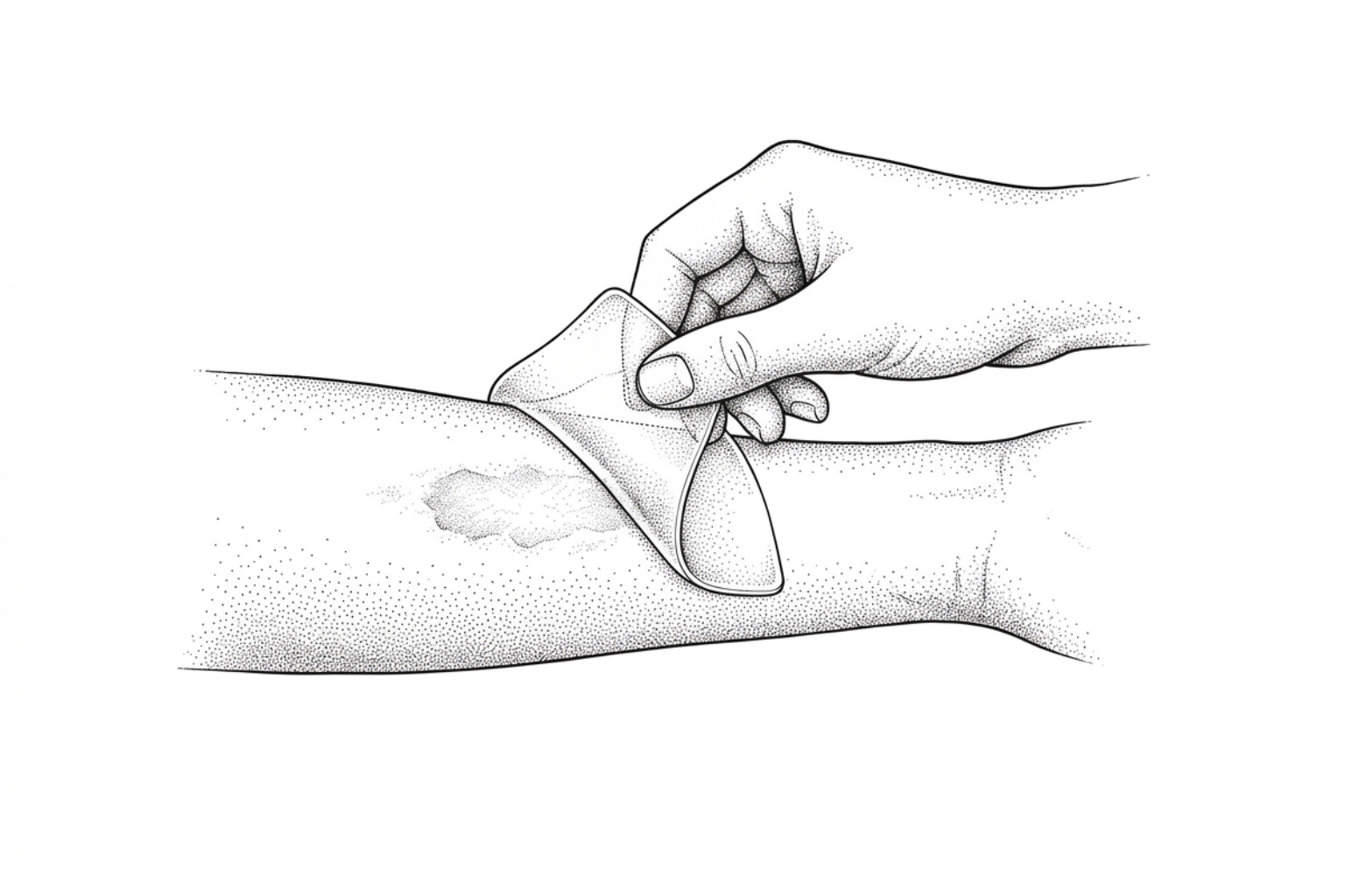 Line illustration of a hand applying a silicone gel sheet over a burn scar on the forearm