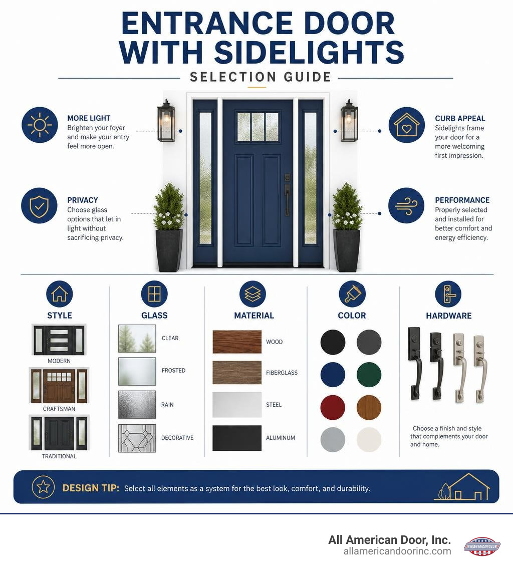 Entrance door with sidelights selection guide: style, glass, material, color, hardware infographic Entrance door with sidelights selection guide: style, glass, material, color, hardware infographic