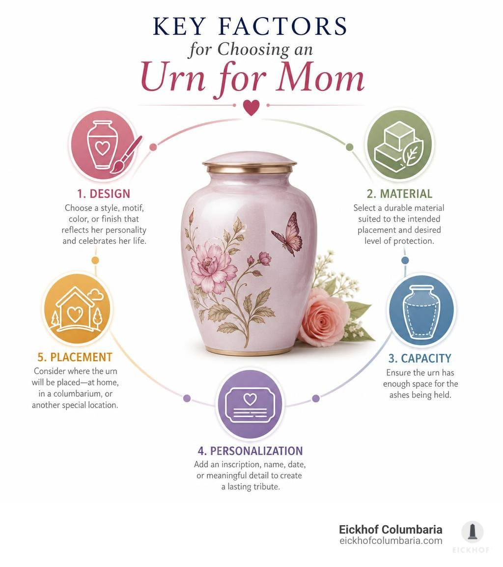Key factors for choosing an urn for mom: design, material, capacity, personalization, placement infographic