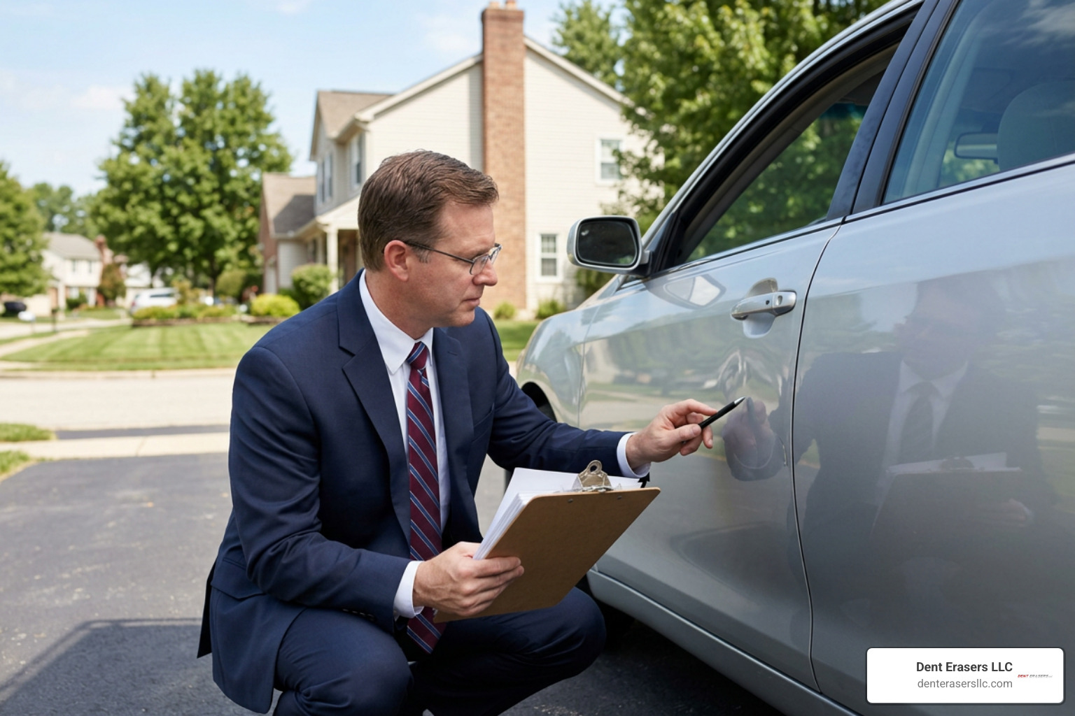 Insurance adjuster evaluating vehicle body damage Insurance Adjuster Evaluating Vehicle Body Damage