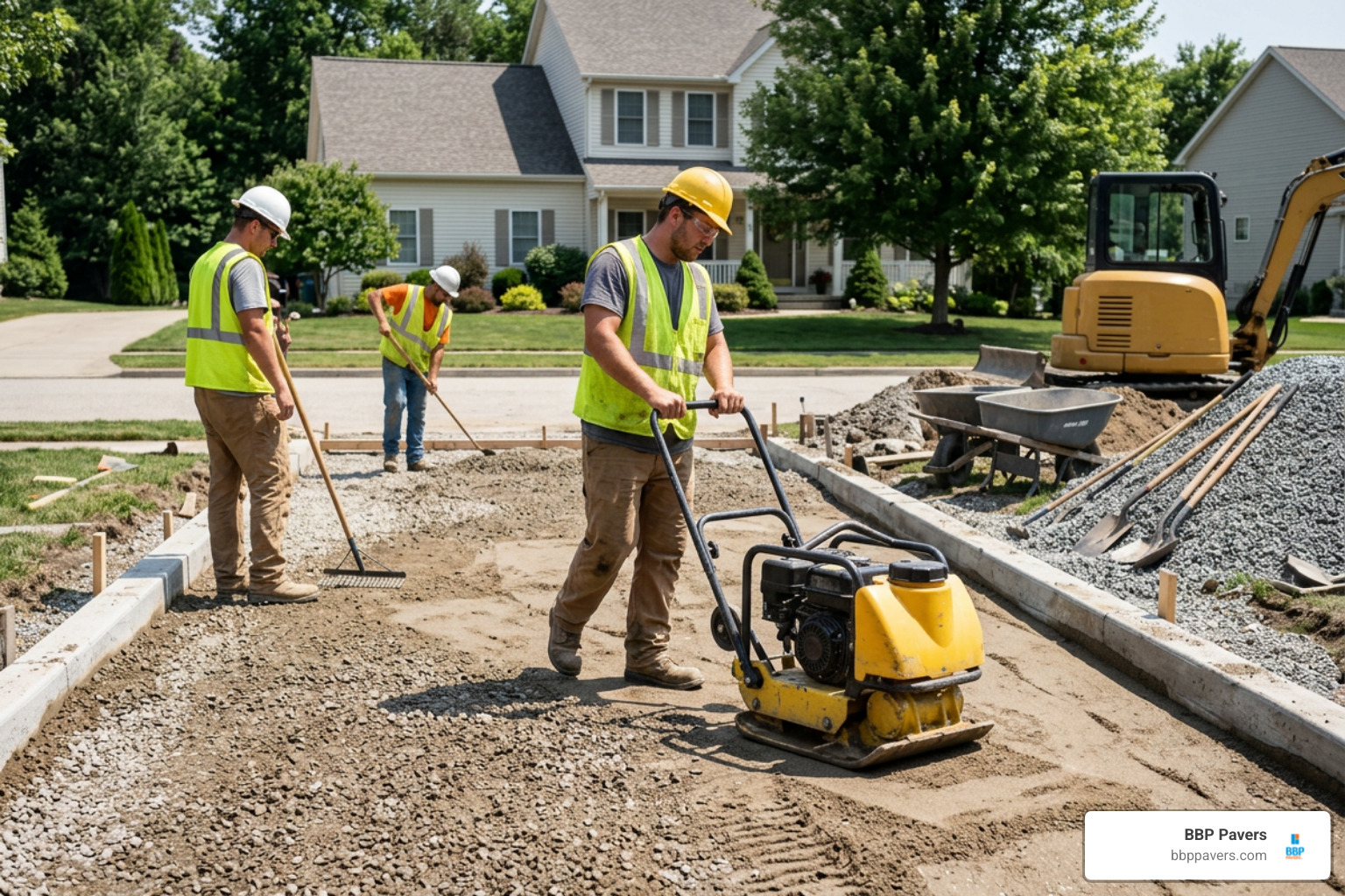 hardscape crew operating plate compactor on driveway base hardscape crew operating plate compactor on driveway base