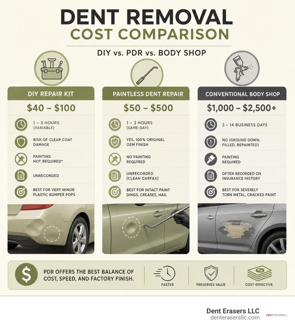 Cost comparison across DIY, PDR, and Body Shop options infographic Cost Comparison Across Diy, Pdr, And Body Shop Options Infographic
