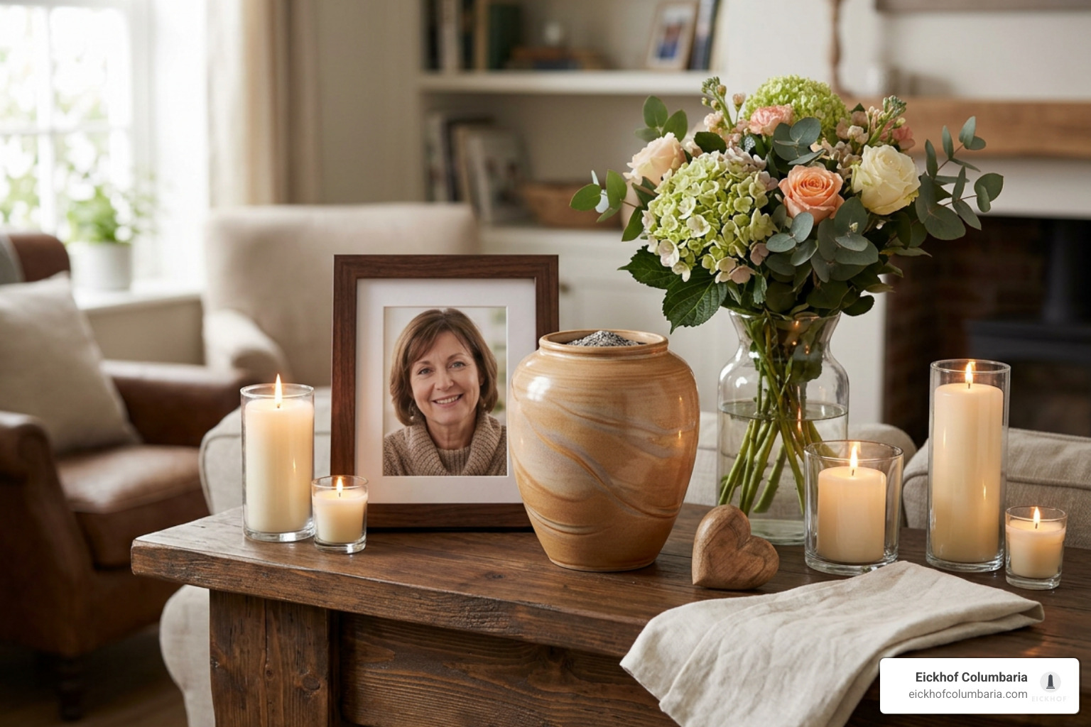 Serene home memorial setting with candles, flowers, and framed picture