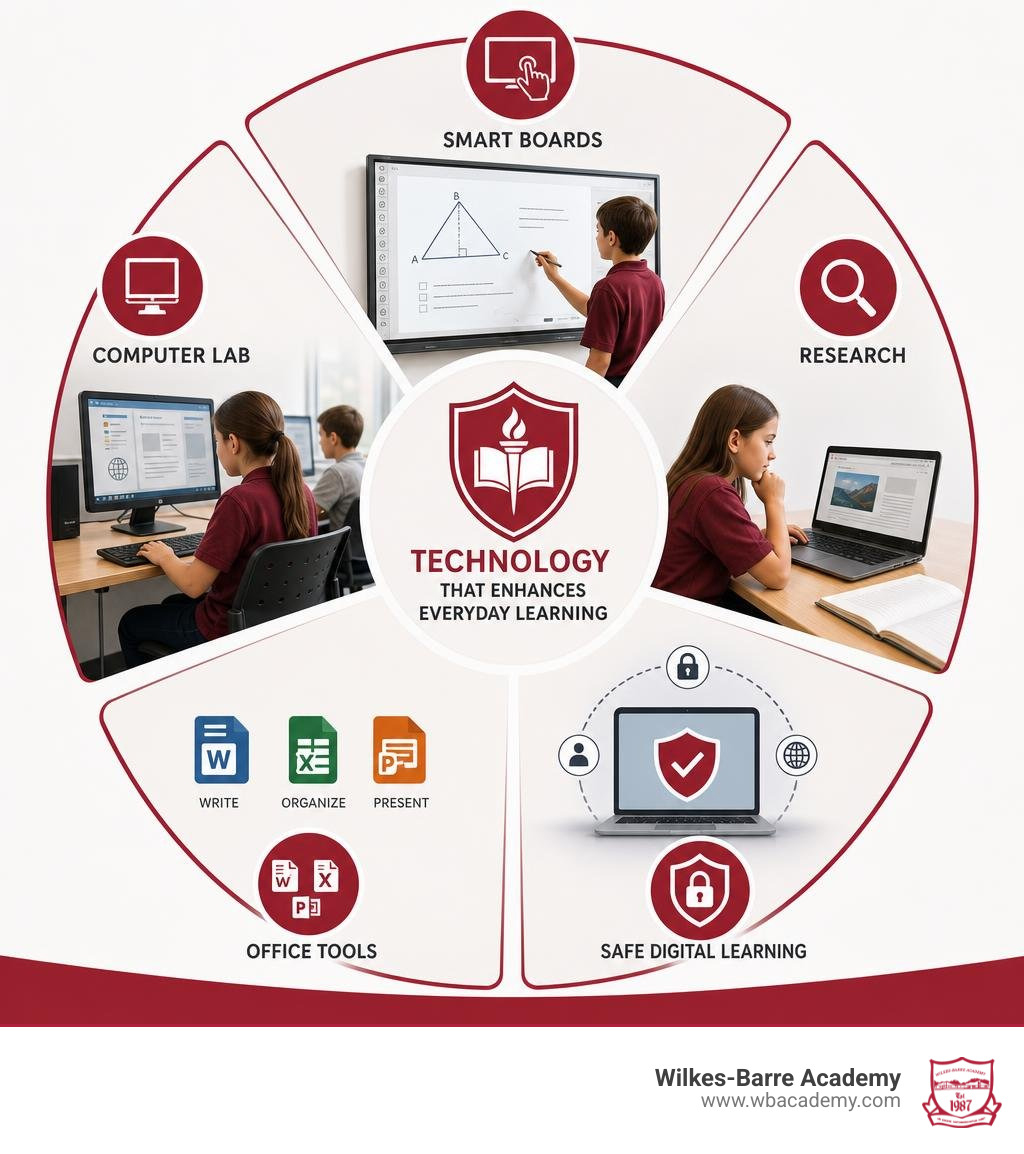 Smart Boards, computer lab, research, Office tools, and safe digital learning infographic