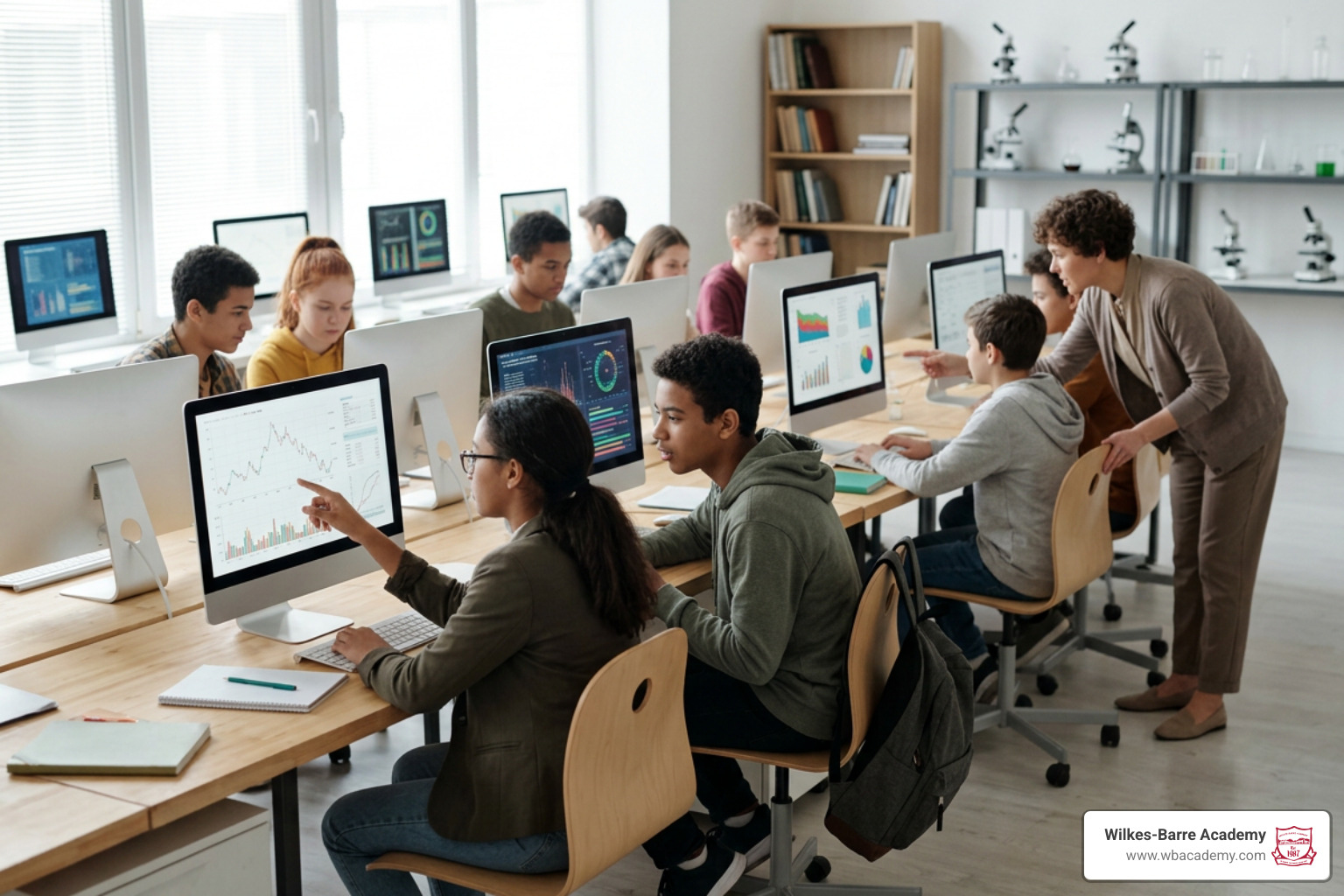 students conducting scientific research in a modern computer lab