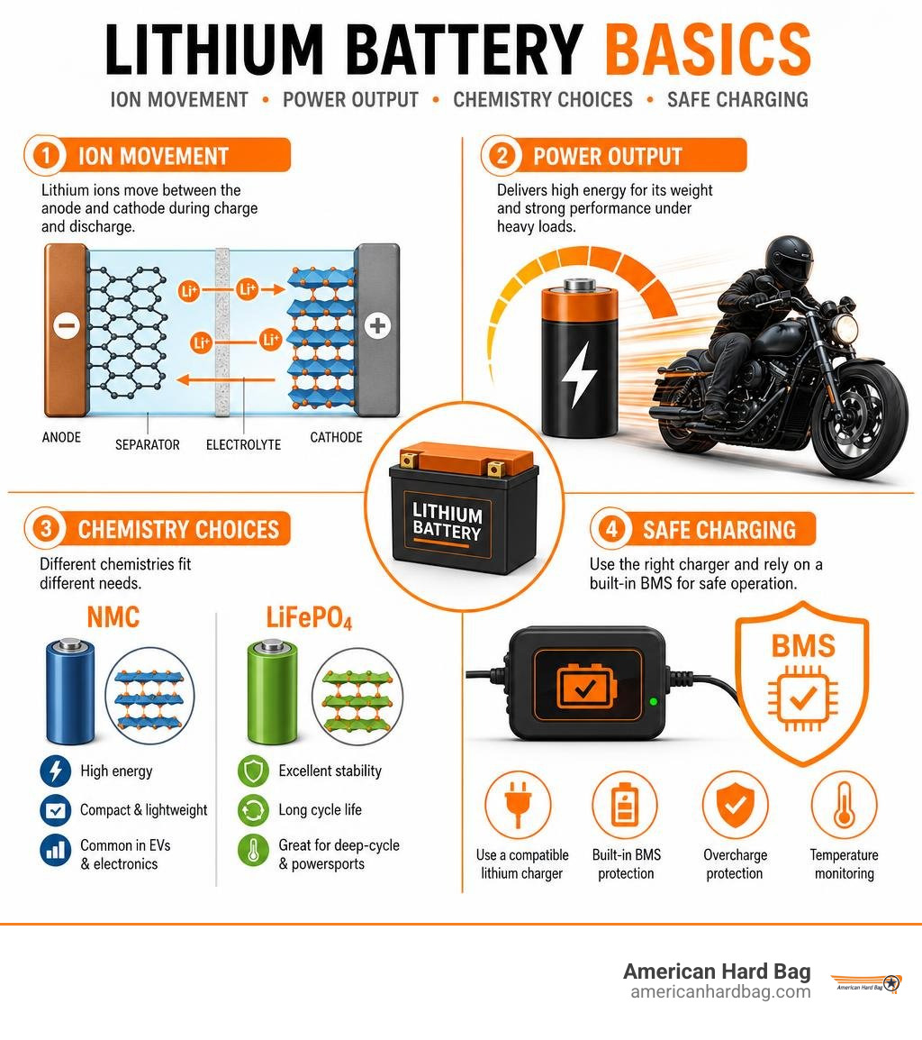 Lithium battery basics: ion movement, power output, chemistry choices, and safe charging infographic