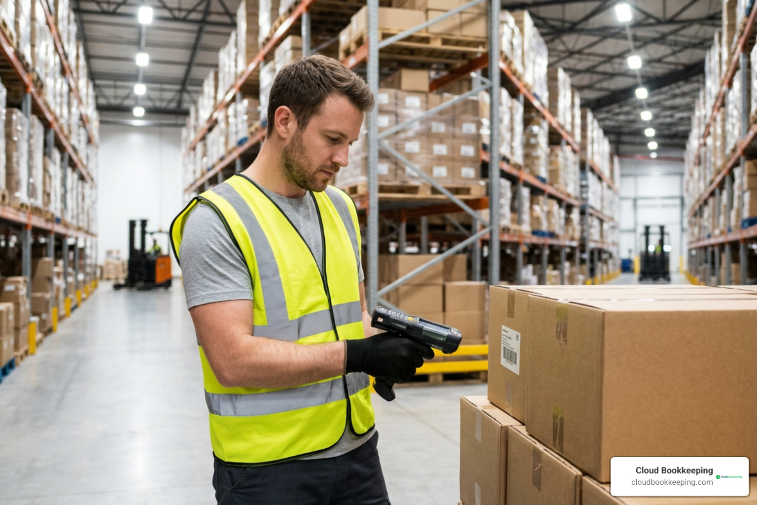 Warehouse worker scanning barcode with mobile application