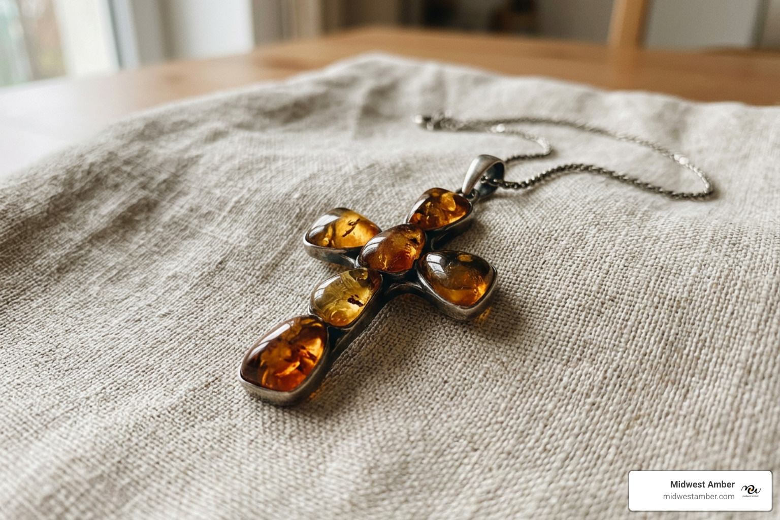 Handcrafted Baltic amber cross pendant resting on linen