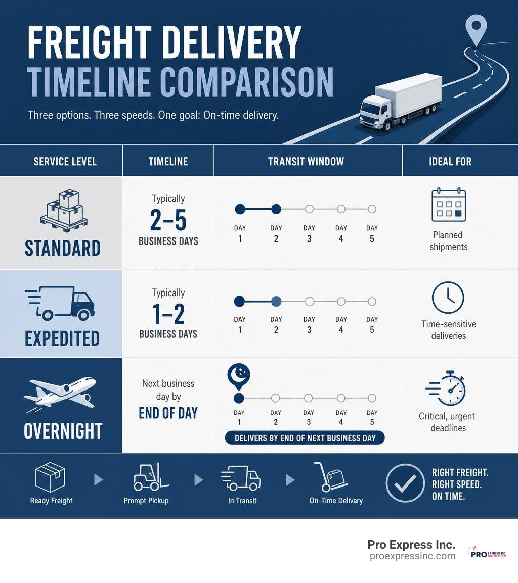 Infographic comparing standard, expedited, and overnight freight delivery timelines infographic Infographic comparing standard, expedited, and overnight freight delivery timelines infographic