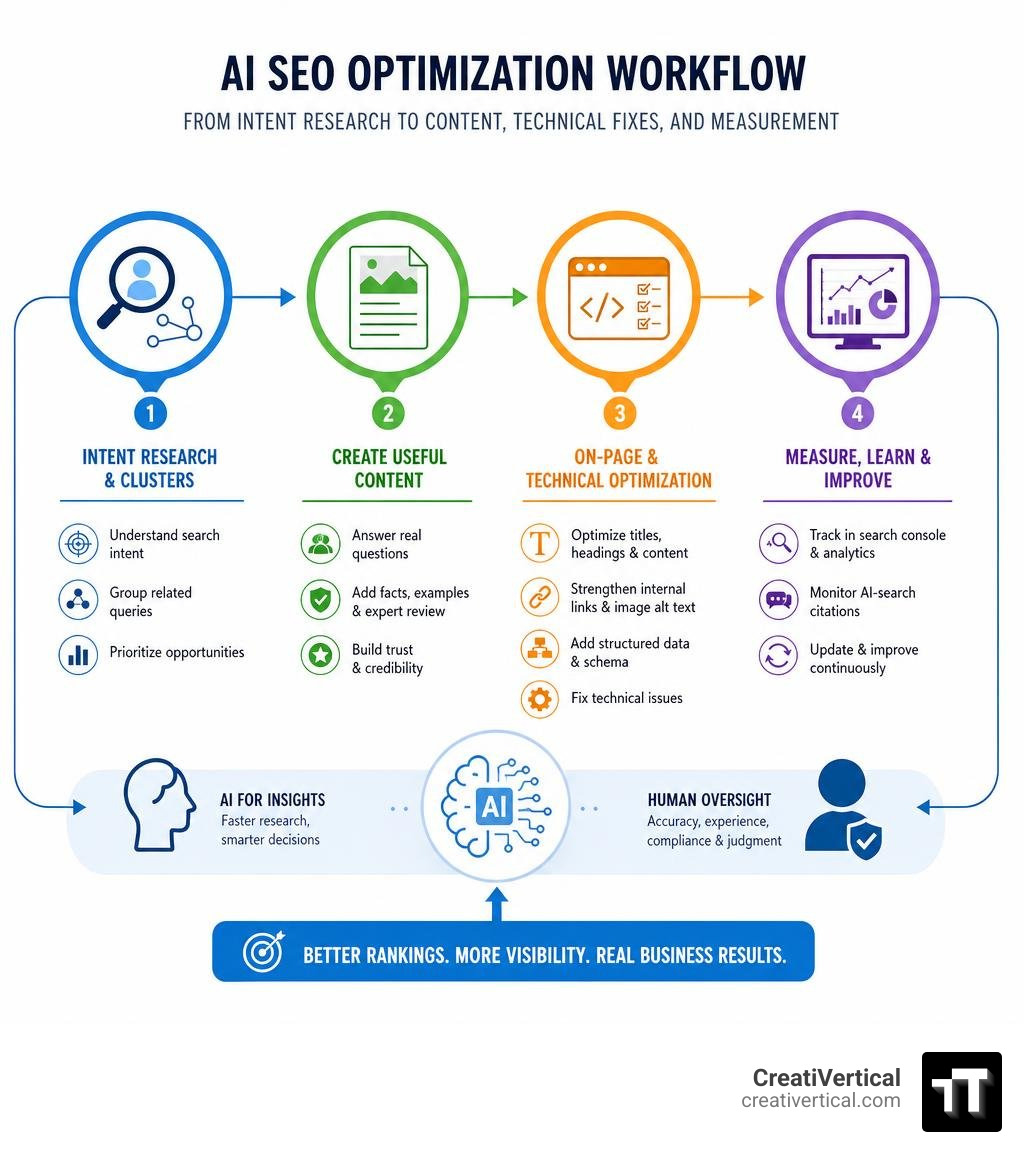AI SEO optimization workflow from intent research to content, technical fixes, and measurement infographic