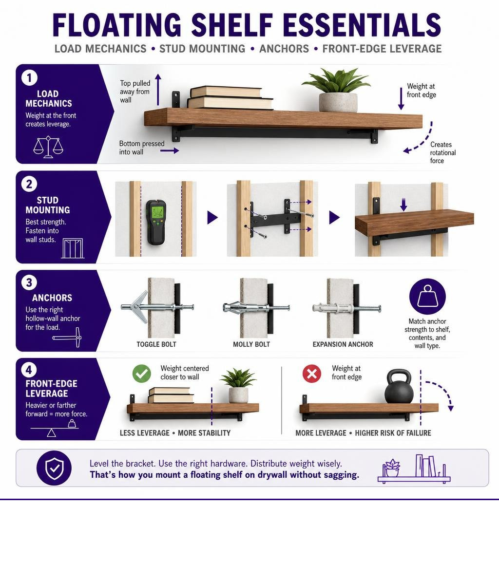 Floating shelf load mechanics, stud mounting, anchors, and front-edge leverage infographic
