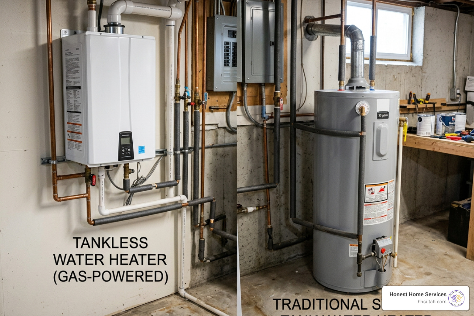 side-by-side comparison between tankless unit and storage tank side-by-side comparison between tankless unit and storage tank
