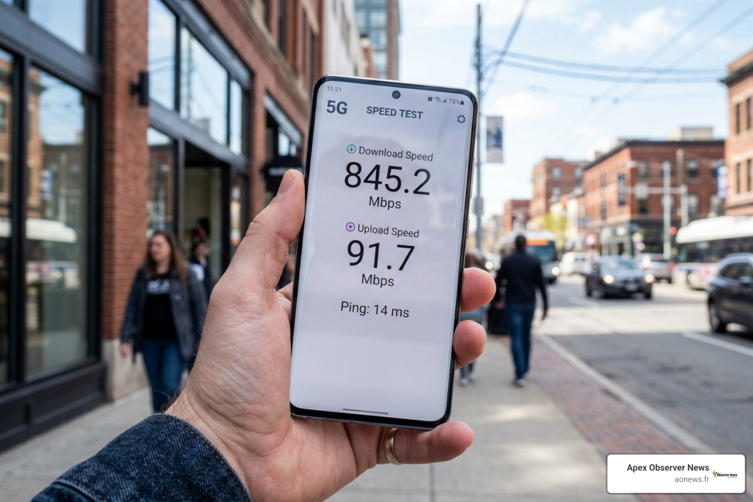 Smartphone displaying active 5G network speed test results
