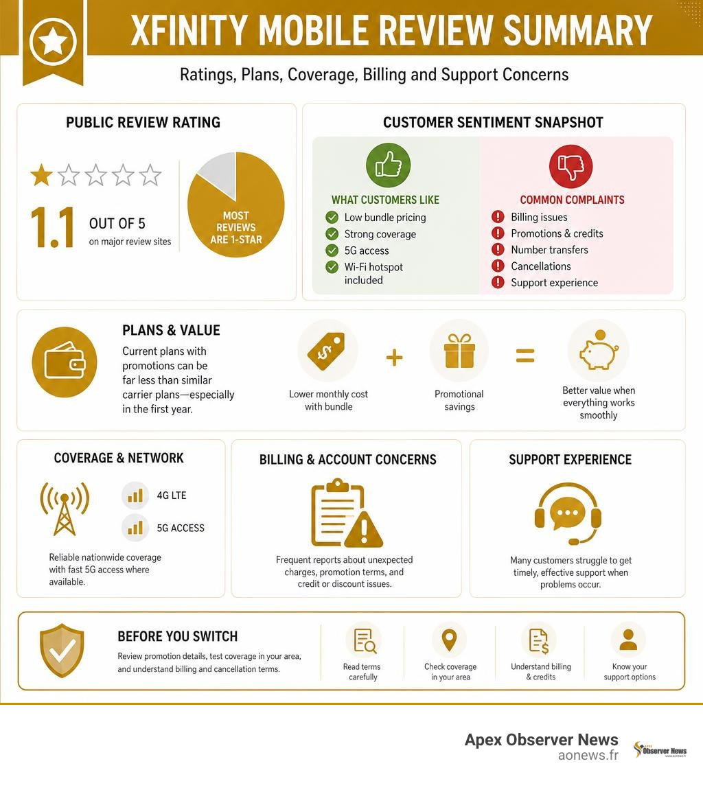 Xfinity Mobile review summary: ratings, plans, coverage, billing and support concerns infographic