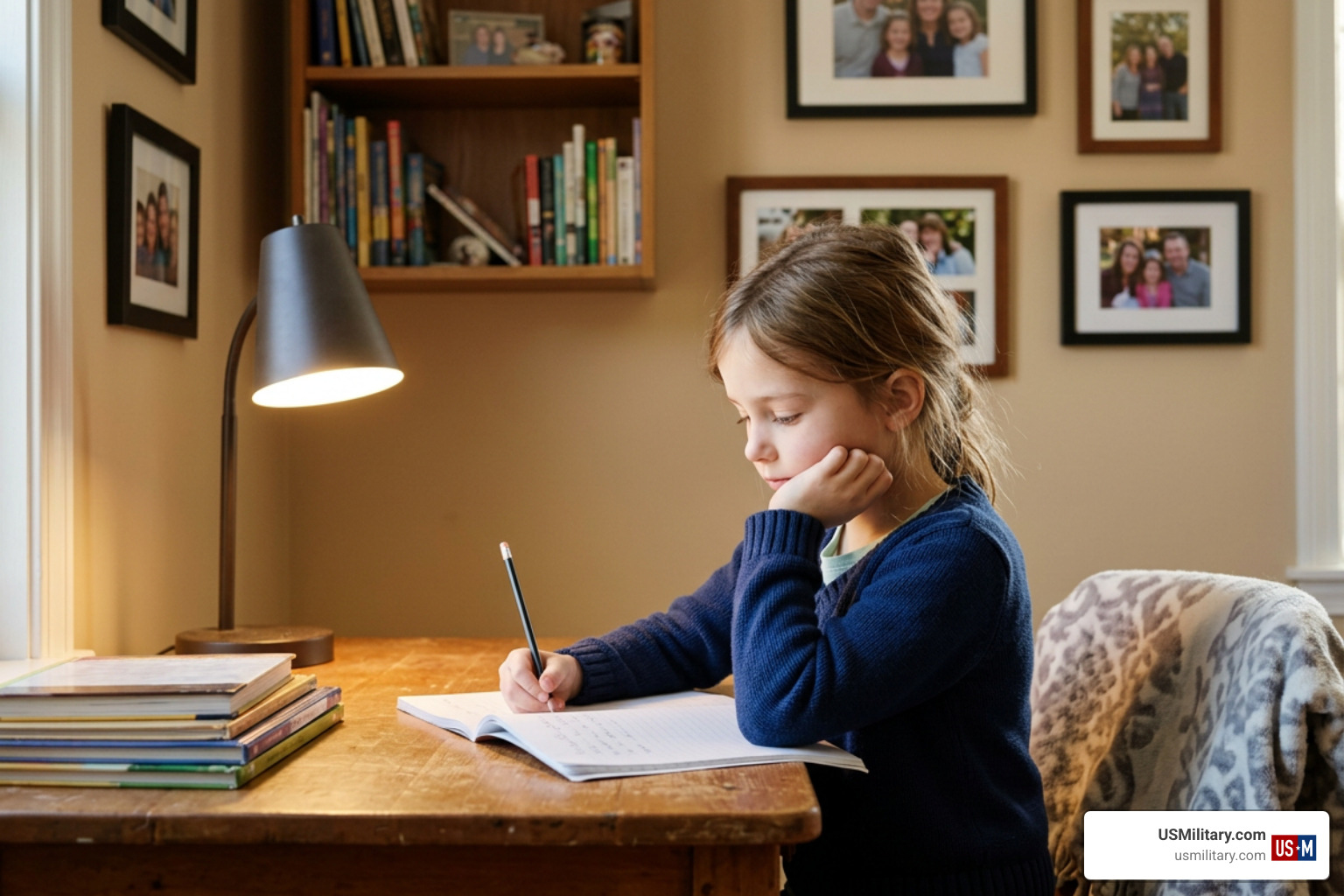 Child studying near framed family photos Child studying near framed family photos