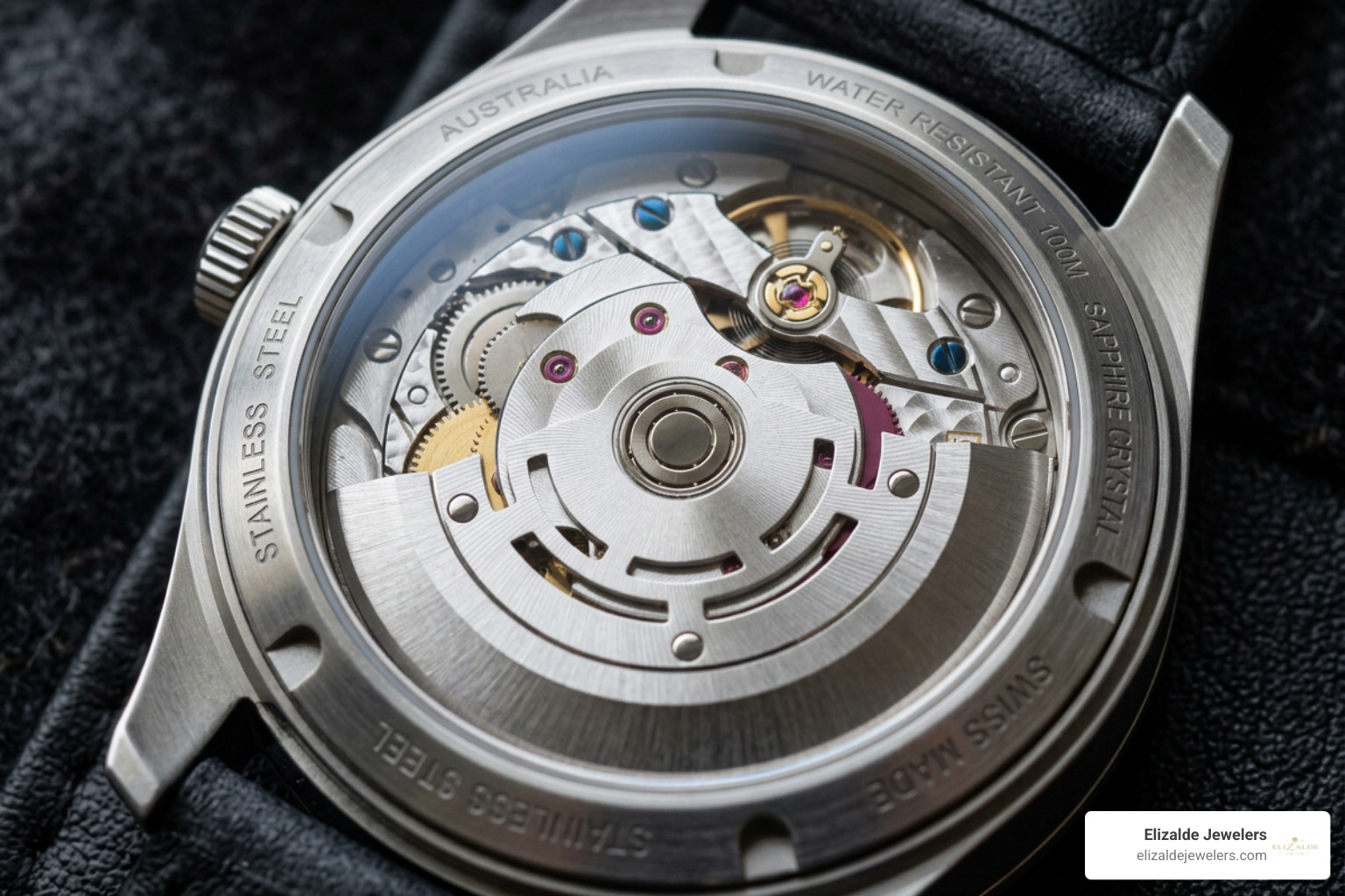 Exhibition caseback showing mechanical automatic caliber and rotor decorations Exhibition caseback showing mechanical automatic caliber and rotor decorations