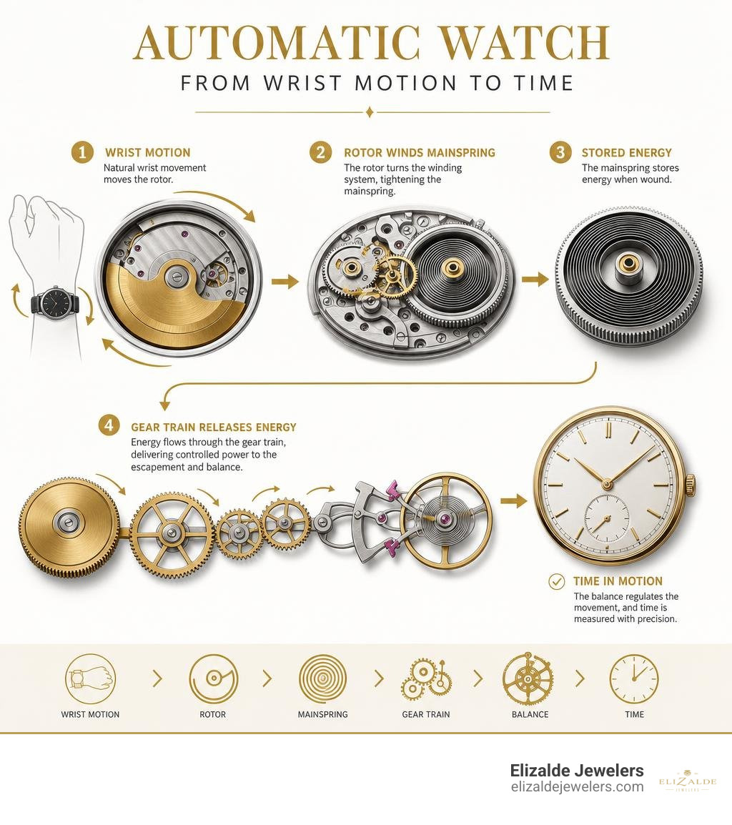 Infographic showing wrist motion rotor mainspring and gear train in an automatic watch infographic Infographic showing wrist motion rotor mainspring and gear train in an automatic watch infographic